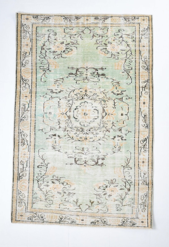 4x7 Minimalist Oriental Turkish Vintage Rug, Wool Handmade Earthy Green Tonedly 60s Distressed Antique Aesthetic Rugs For Living Room Rugs