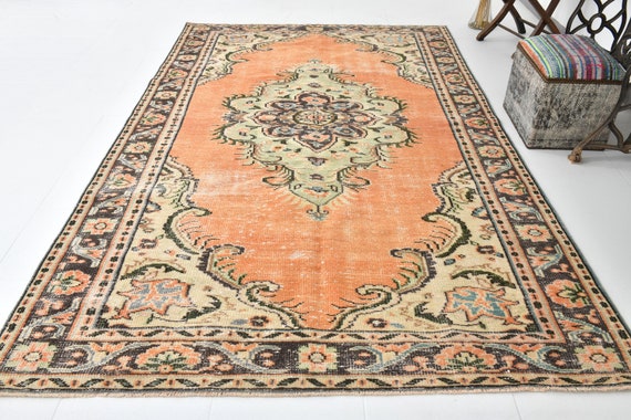 6x10 Area Rug, 6x10 Classic Vintage, 6x10 Orange Green Vintage Rug, Rugged Handmade Wool Rug, 6x10 Rugs, 6x10 Turkish Rug, Rug For Bedroom