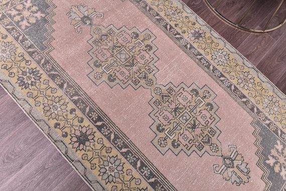 4x7 Vintage Turkish Accent Rug, Salmon, Olive Green Color, 4x7 Medallion Style, Handmade Wool Rug, 4x7 Oushak Rug, Oriental Rug 4x7 Area Rug