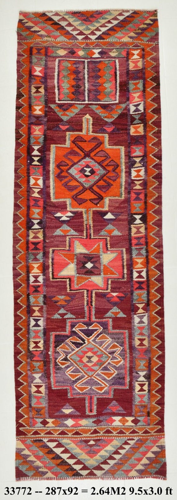 3x9 Runner Rugs, 3x9 KİLİM VİNTAGE RUNNER Rug, 3x9, Vintage Runner, Oriental Handmade Oushak Rug, Turkish Runner, Red Orange Carpet, Teppich