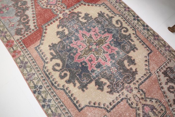 4x8 Oriental Distressed Vintage Rug, 4x8 Turkish Area Rug, Handmade Wool Rug, Red Blue Pink Rug, 4x8 Vintage Rug, 4x8 Floral Rug