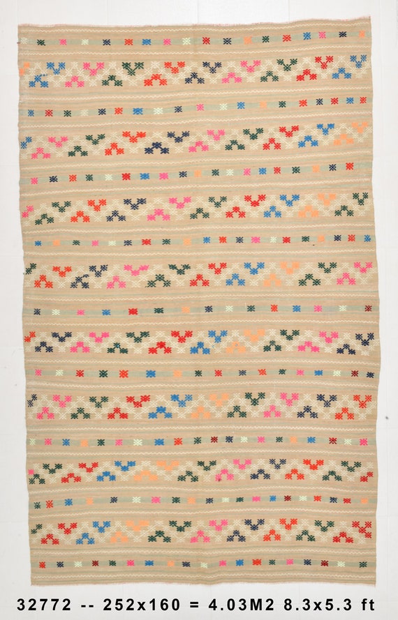 5x8 Kilim Rug, 5x8 VINTAGE TURKISH KILIM Rug, 5x8, Oushak Handmade Kilim, Soft Pastel Bohemian, 5x8 Rugs, Bohemian & Eclectic Style Kilim