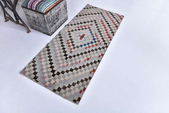 2x5 Vintage Check Design Runner Rug, 2x5 Handwoven Oriental Runner, 2x5 Hallway Runner Rug, 2x5 Handmade Wool Rug, Pastel Color