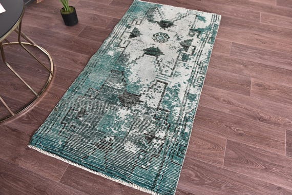 2x5 Vintage Teal Runner Rug, 2x5 Vintage Runner, 2x5 Rug, Handwoven Wool Rug, 2x5 Runner Rug, 2x5 Turkish Runner, Teal Runner Rug