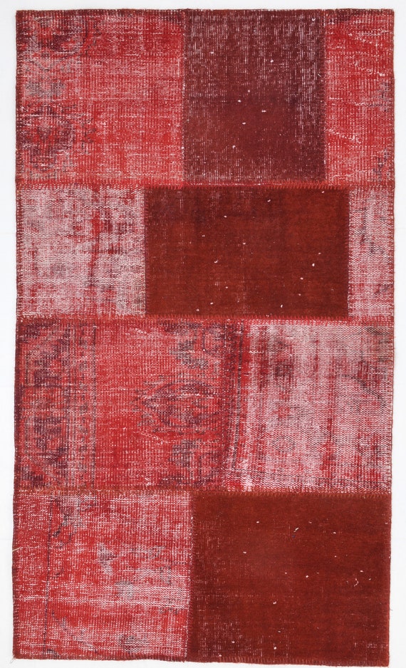 3x6 red small patchwork Area Rug,3x6 patchwork Chess Vintage,3x6 Red Turkish Vintage Rug,Handmade Wool Rug,Shades Of red wine patchwork rug,