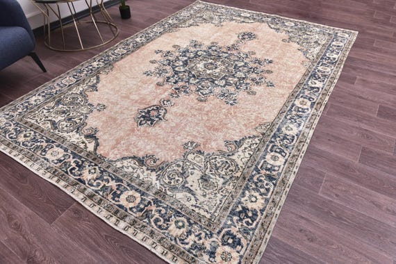 6x9 Vintage Faded Handmade Medallion Turkish Rug, Peach Blue Color, Living Room Rug, Outlet Rug