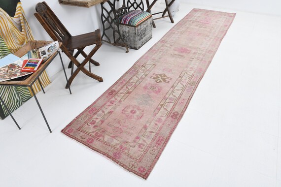 3x12 TURKISH Vintage Runner Rug, Handmade Wool Oushak Runner, 3x12 Runner Rug, Boho Chic Farmhouse Rug, Hallway Kitchen Rug, Rug Runner,