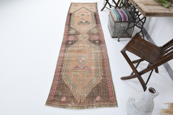 3x10 Runner Rug, 3x10 Persian Runner, 3x10 Brown & Beige Persian Runner Rug, 3x10, Wool Handmade Vintage, 3x10 Rug, 3x10 Vintage Runner, 57s