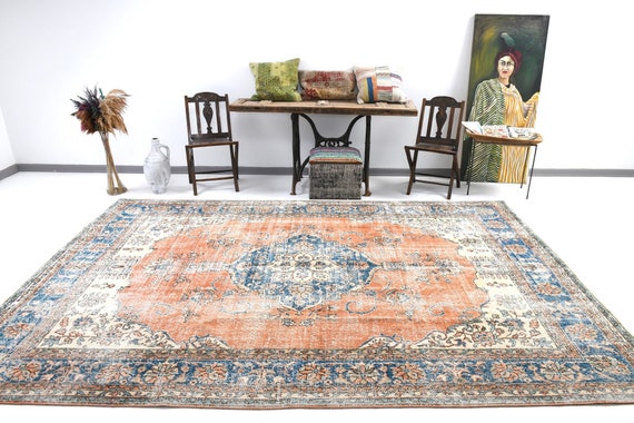 8x11 Area Rug, 8x11 Vintage Rug, 8x11 Blue Orange Oversize Vintage Rug, Large Handmade Area Rug, 8x11 Rugs, Aesthetic Oriental Style, 57s