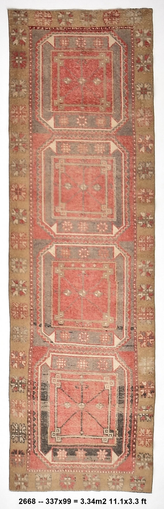 3x11 Vintage Runner Rug, Red, Green Color Rug, 3x11 Handmade Wool Rug, Hallway Rug 3x11, Geometric Patterned Rug, Distressed Rug 3x11,