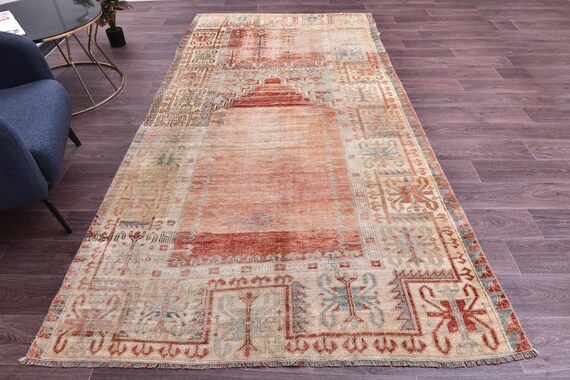 5x10 Antique Rare Prayer Rug, 5x10 Oriental Rug,  Red Green Blue Cream Color, 5x10 Handwoven Wool Rug, Farmhouse Decor, Vintage Accent Rug
