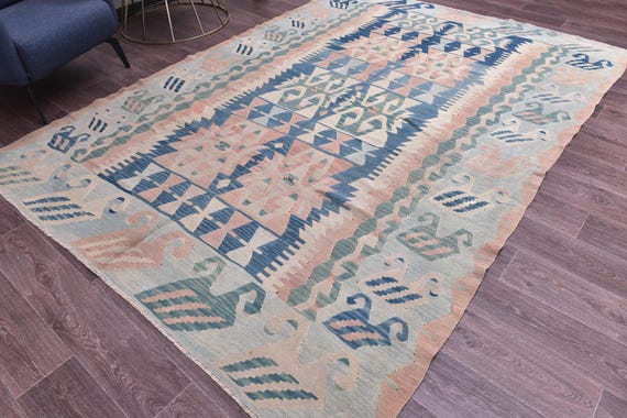 7x9 Vintage Faded Turkish Kilim Rug, Handmade Wool Jute Kilim Rug, 7x9 Blue Salmon Color, Authentic Kilim Rug, 7x9 Living Room Bedroom Rug