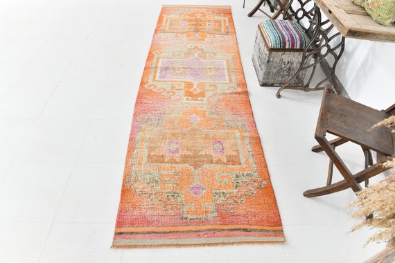 3x10 Runner Rug, 3x10 Turkey Vintage, 3x10 ORIENTAL VINTAGE RUNNER Rug, 3x10, Wool Handmade Oushak, Orange & Pink Vintage, 3x10 Rugs, Gifts
