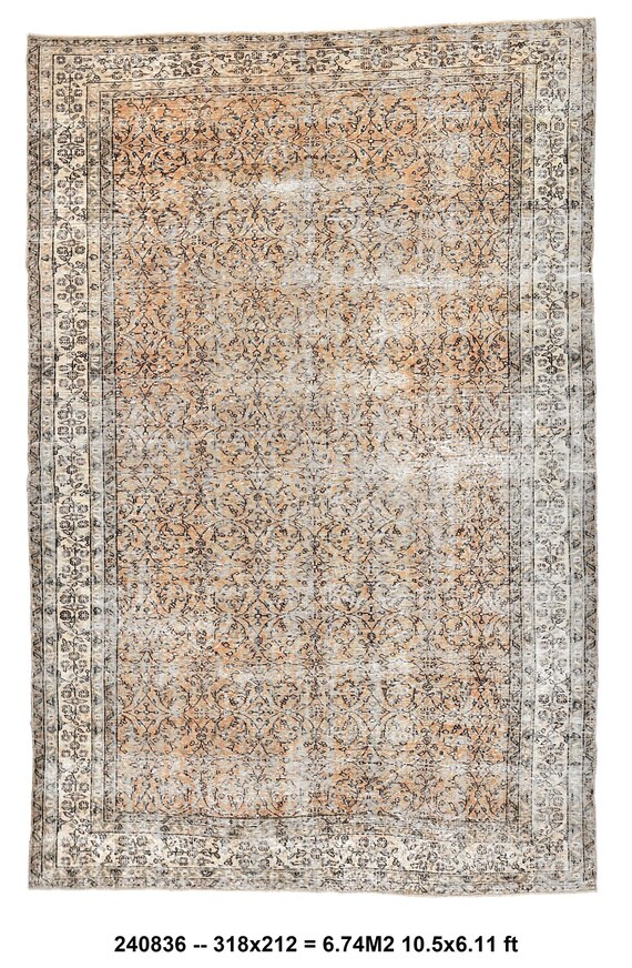 7x10 Floral Muted red Area Rug,muted orange 7x10 Vintage Rug, 7x10 Oversize Orange Vintage Rug, Oversize Vintage Rug, orange Large Area Rug