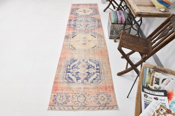 3x11 Runner Rug, 3x11 Turkish Runner, 3x11 Blue & Peach Red Turkish Runner, 3x11, Wool Handmade Oushak, 3x11 Rug, 3x11 Vintage Runner, 55s