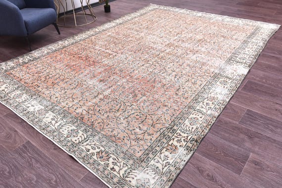 8x12 Vintage Faded Area Rug, Persian Style Rug, Terracotta Blue Color, Handmade Wool Rug, 8x12 Area Rug, Farmhouse Rug, 8x12 Living Room Rug