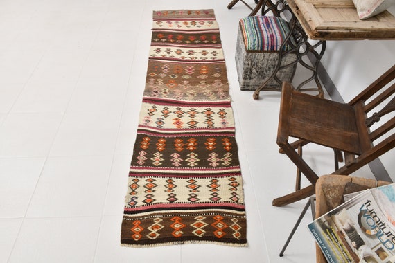 2x9 Rugs, 2x9 TURKISH KILIM RUNNER Rug, 2x9, Vintage Runner Rug, Wool Handmade Persian Kilim, 2x9 Runner Rug, Brown & Beige Kilim, Antique
