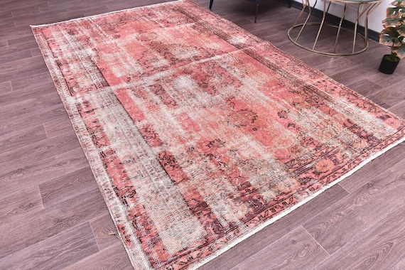 6x9 Rug, Overdyed Salmon Rug, Handmade Wool Rug, 6x9 Salmon Black Color, Abstrach Patterned Rug, Farmhouse Rug, 6x9 Living Room Rug