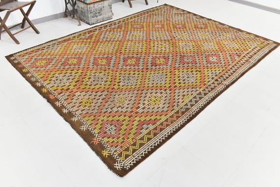 6x11 Turkish Kilim Rug, Geometric Pattern Rug, 6x11 Area Kilim Rug, Farmhouse Decor, 6x11 Living Room Rug, Orange Yellow Red Rug, 6x11 Rug