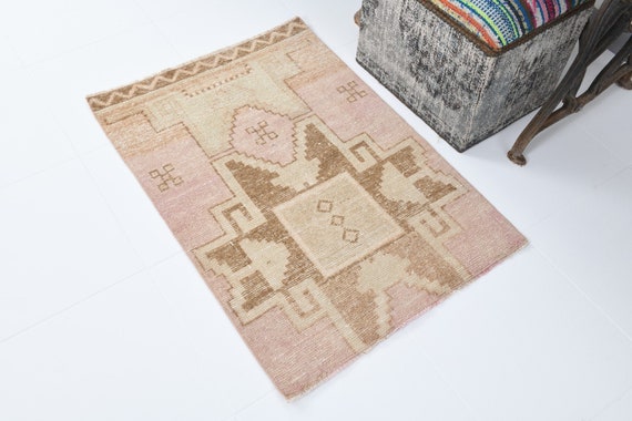 2x3 Area Rug, 2x3 Doormat Rug, 2x3 TURKISH VINTAGE DOORMAT Rug, 2x3, Shades Of Brown & Soft Pink, 2x3 Rugs, Wool Handwoven Rugs, Antique 60s
