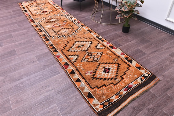 3x12 Vintage Peach Runner Rug, Handmade Wool Runner, 3x12, Hallway Rug, 3x12 Farmhouse Rug, Kithcen Rug, Peach Black Color, Medallion Design