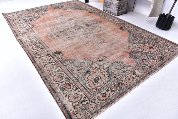 6x10 Vintage Turkish Area Rug, Orange Green Color, 6x10 Handmade Area Rug, 6x10 Floral Rug,  Perfect For Living Room Bedroom, Large area Rug