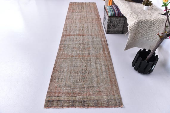 2x11 Vintage Floral Runner Rug, Muted Terracotta Color, Handmade Wool Rug, 2x11 Hallway Rug, Farmhouse Decor, 2x11 Medallion Runner Rug