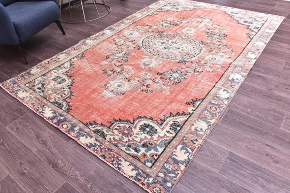5x8 Vintage Turkish Faded Rug, 5x8 Handmade Wool Rugs, Red Blue Color, 5x8 Floral Design,  5x8 Area Rugs, Living Room Bedroom Rugs
