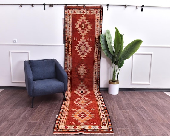 3x12 Vintage Handmade Burgundy Wool Runner Rug, Rug For Hallway Kithcen, Outlet