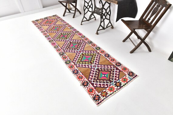 2x10 Turkish Oushak Colorful Runner Rug, 2x10 Vintage  Runner Rug, 2x10, Narrow Handmade Wool Rug, 2x10 Runner Rug,  Hallway Runner