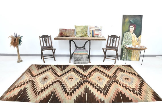 5x10 Area Rug, 5x10 Bohemian Kilim, 5x10 Turkish Vintage Kilim Rug, Handmade Wool Rug, 5x10 Rug, Brown Beige Kilim, 5x10 Kilim Rug, Antique