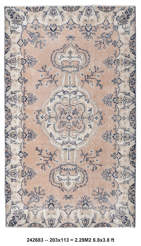 4x7 Blue Cream Medallion distressed Tribal Vintage Rug, 4x7 Handmade Wool Oushak Rug, 4x7 Area Rug, 4x7 Turkish Rug, Rugs For Living Room