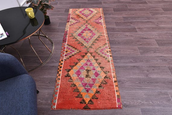 2x6 Vintage Faded Runner Rug, 2x6 Handmade Geometric Runner, Red Brown Color, 2x6 Elegant Runner, 2x6 Hallway Rug, 2x6 Kithcen Runner Rug,