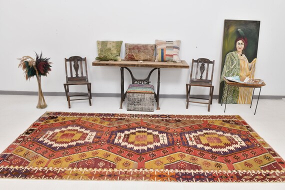 5x11 Long Wide Persian Kilim Rug, 5x11 Red Yellow Kilim Rug, 5x11 Kilim Rug, Handmade Wool Aesthetic Rug, 5x11 Rugs, Rug For Hallway Foyer
