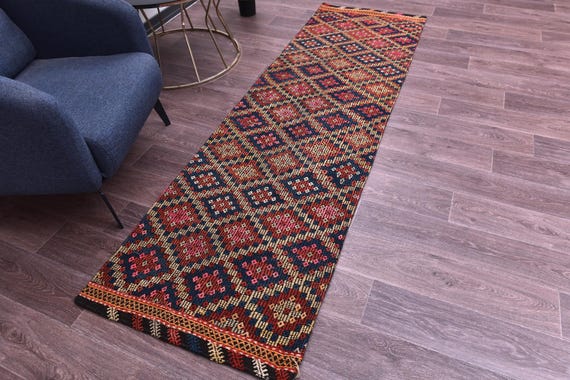 2x8 Vintage Kilim Runner Rug, 2x8 Handwoven Runner Rug, Burgundy Blue Color, 2x8 Hallway Kitchen Traditional Home Decor 2x8 Kilim Runner Rug