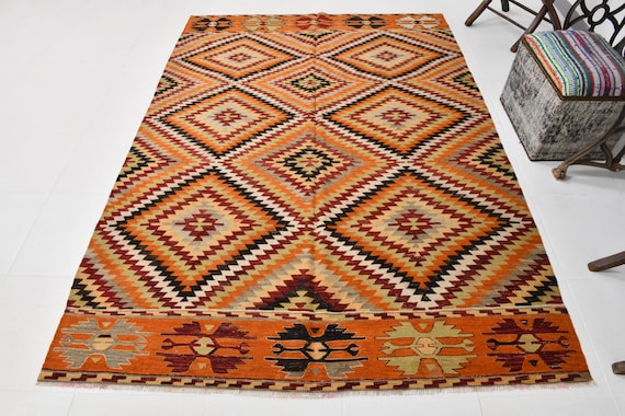 5x8 Area Rug, 5x8 SCANDINAVIAN VINTAGE KILIM Rug, 5x8 Vintage Kilim Rug, Wool Handmade Kilim, Area Rug 5x8, Orange & Brown Kilim, Antique