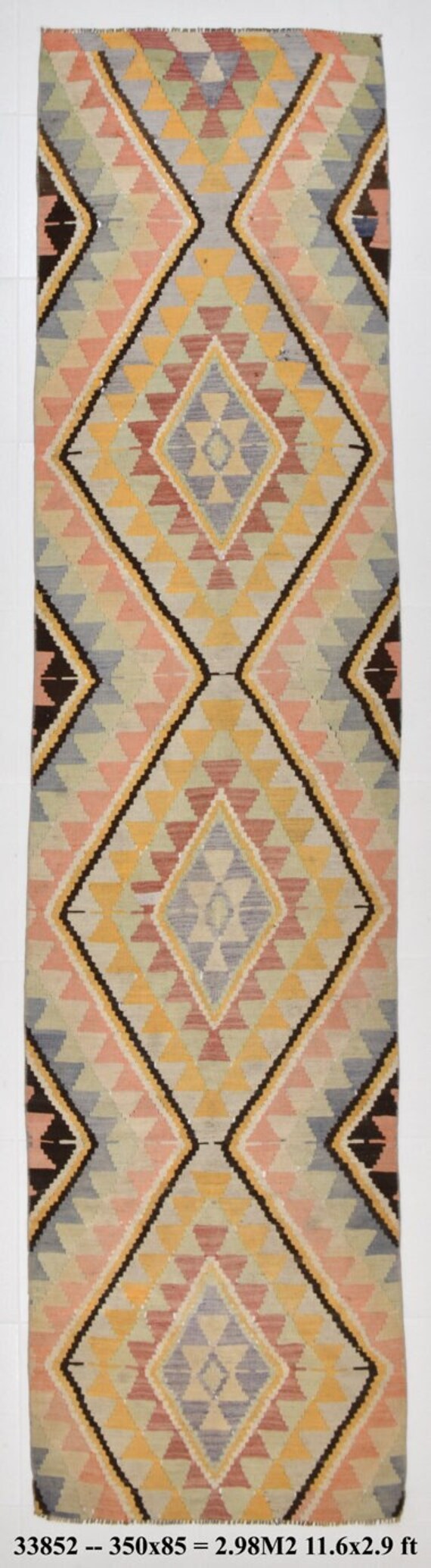 3x11 Rugs, 3x11 TURKİSH VİNTAGE RUNNER, 3x11, Long Handmade Oushak Rug, Vintage Runner, Blue Beige Carpet, Kilim Runner, 3x11 Runner Carpet
