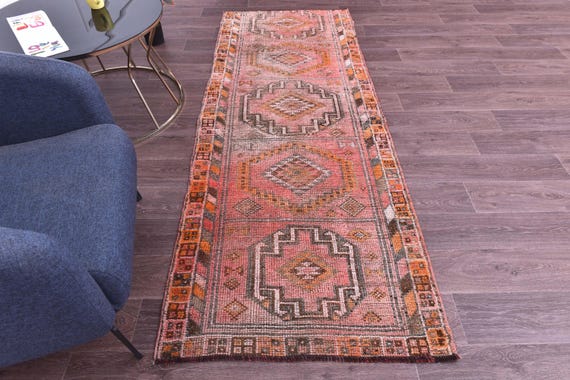 3x8 Vintage Peach Runner Rug, Peach Orange Color, 3x8 Handmade Geometric Runner, 3x8 Elegant Runner, 3x8 Hallway Rug, 3x8 Kithcen Rug,