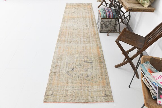 3x12 Runner Rug, 3x12 Vintage Runner, 3x12 TURKISH VINTAGE RUNNER Rug, 3x12, Oushak Handmade Rug, Shades Of Beige Vintage Runner Rug, 58s