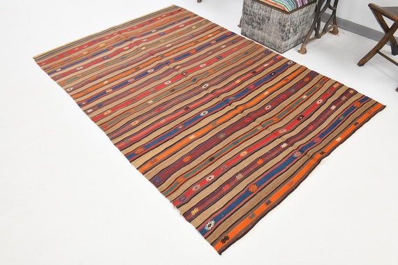 5x7 Vintage Striped Kilim Area Rug, Brown and Blue Kilim Rug, 5x7 Area Rug, Wool Kilim Rug, Turkey Rug, Turkish Kilim Rug, Turkish Rug 5x7,