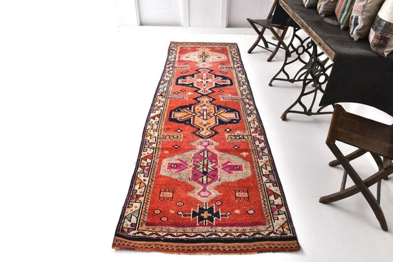 3x11 Runner Rug, 3x11 Herki Runner, 3x11 Turkish Herki Runner Rug, Wide Long Handmade Rug, 3x11 Rugs, Orange & Navy Blue Rug, Hallway Entry