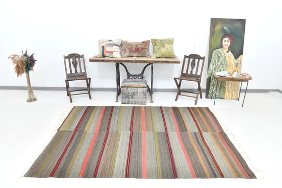 5x8 Area Rug, 5x8 Striped Vintage, 5x8 Wool Turkish Vintage Rug, Handmade Wool Rug, 5x8 Vintage Rug, Gray Red Vintage Rug, 5x8 Turkish Rug