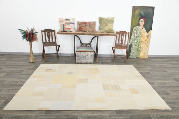6x8 Beige & Cream Kilim Patchwork Rug, 6x8 Kilim Patchwork Rug, 6x8, Pastel Handmade Oushak, 6x8 Rug, Chess Patchy Style, Rug For Farmhouse