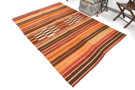 5x8 Rug, 5x8 Striped Kilim, 5x8 Rug Bedroom Vintage Kilim, 5x8, Jute Handmade Wool Rug, 5x8 Rugs, Orange Brown Kilim, İnterior Designer