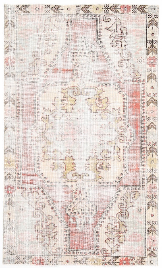 4x7 Area Rug, 4x7 Turkish Vintage Oriental Area Rug, Shades Of Blush Pink & Dark Red Vintage, Wool Handmade Oushak, 4x7 Rugs, Rug For Dorm
