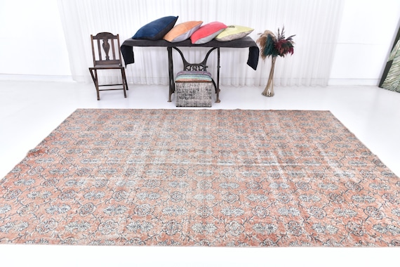 Antique Turkish Vintage Area Rug, 7x11 Oushak Rug, Floral Vintage, 7x11 Rugs, Large Wool Area Rug, Tan Beige & Blue Rug, Oversize Rug 7x11
