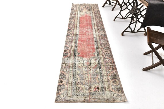3x11 Handmade Pale Red Vintage Turkish Patchwork Runner Rug