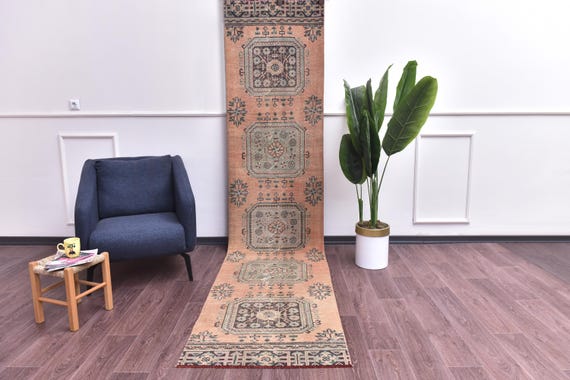 2x11 Vintage Faded Runner Rug, Terracotta Green Color, Handmade Wool, Tribal Design, Hallway Kithcen Rug