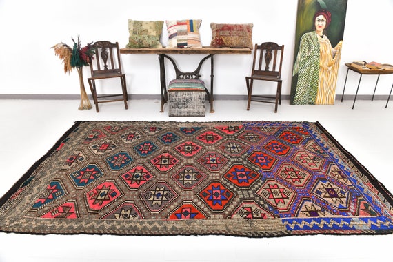 6x10 Area Rug, 6x10 Rugged Kilim, 6x10 Rugged Vintage Kilim Rug, 6x10, Handmade Wool Rug, 6x10 Rugs, Blue & Red Kilim Rug, Rug For Bedroom