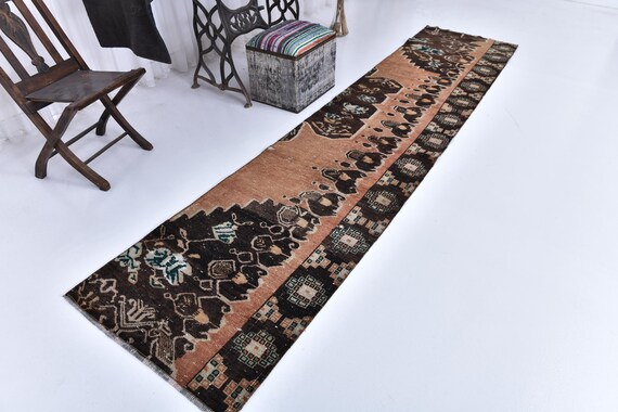 3x12 Antique Persian Brown Runner Rug, Brown Terracotta Color, Handmade Oriental Rug, 3x12 Hallway Rug, 3x12 Persian Runner, 3x12 Rug